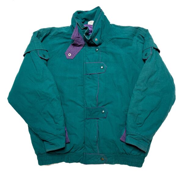Vintage 80s Puffy Jacket Green Purple High Neck Women's Large Retro Streetwear - Picture 1 of 7